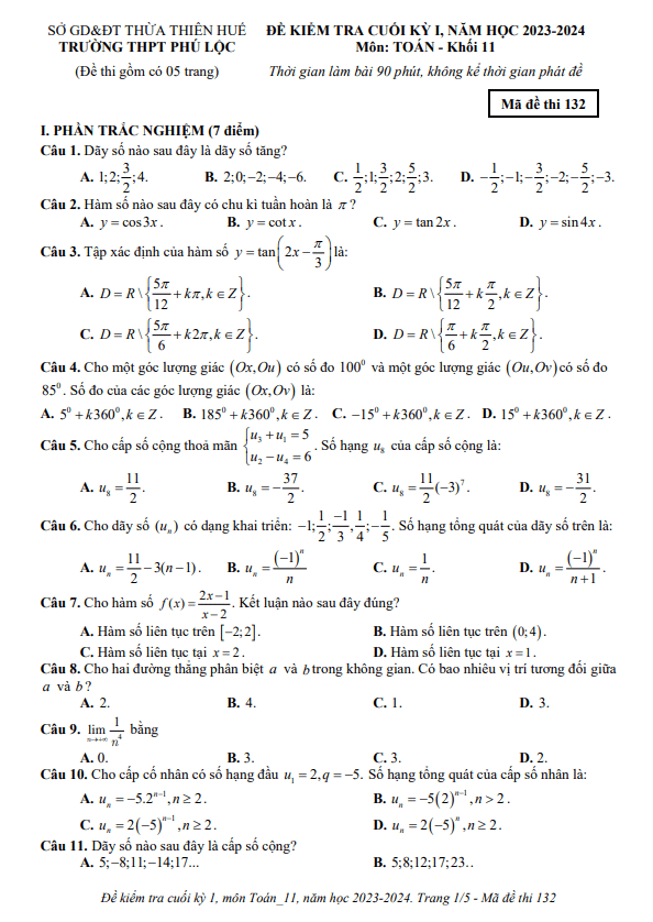 Đề cuối kỳ 1 Toán 11 năm 2023 – 2024 trường THPT Phú Lộc – TT Huế