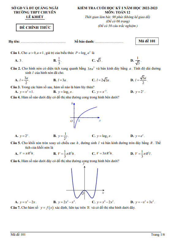 Đề cuối kỳ 1 Toán 12 năm 2022 – 2023 trường chuyên Lê Khiết – Quảng Ngãi