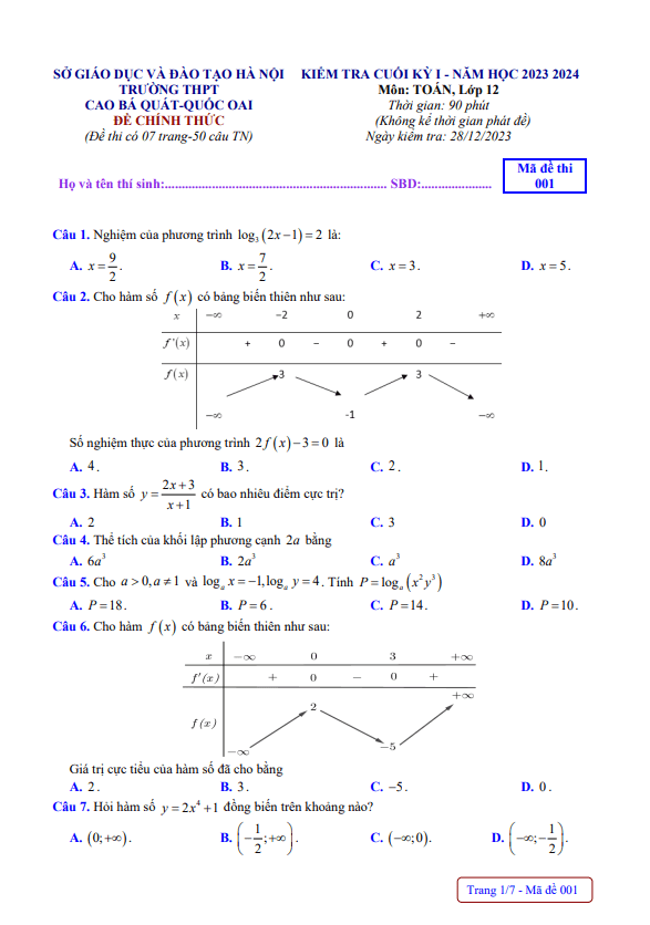 Đề cuối kỳ 1 Toán 12 năm 2023 – 2024 trường THPT Cao Bá Quát – Hà Nội