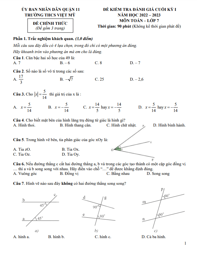 Đề cuối kỳ 1 Toán 7 năm 2022 – 2023 trường THCS Việt Mỹ – TP HCM