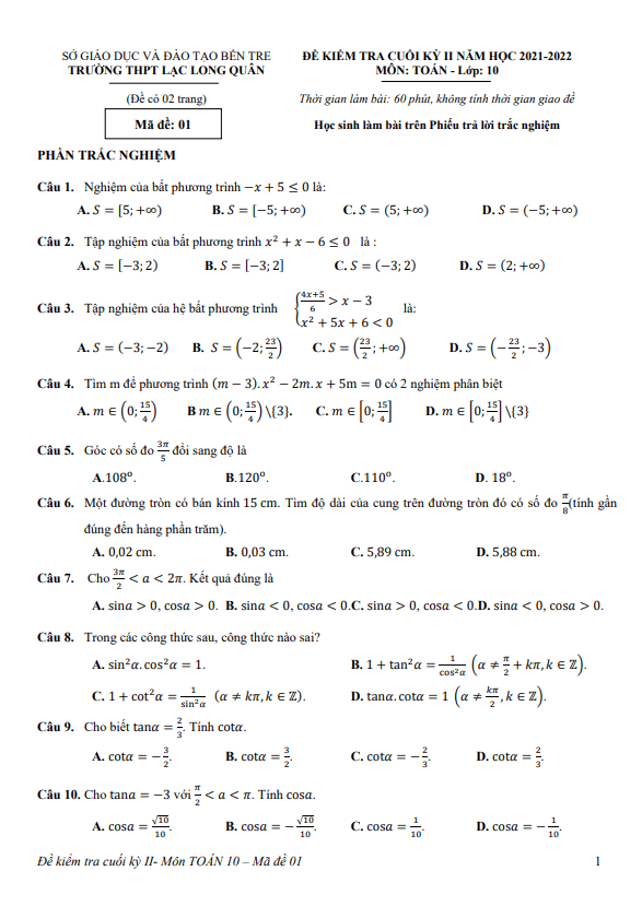 Đề cuối kỳ 2 Toán 10 năm 2021 – 2022 trường Lạc Long Quân – Bến Tre