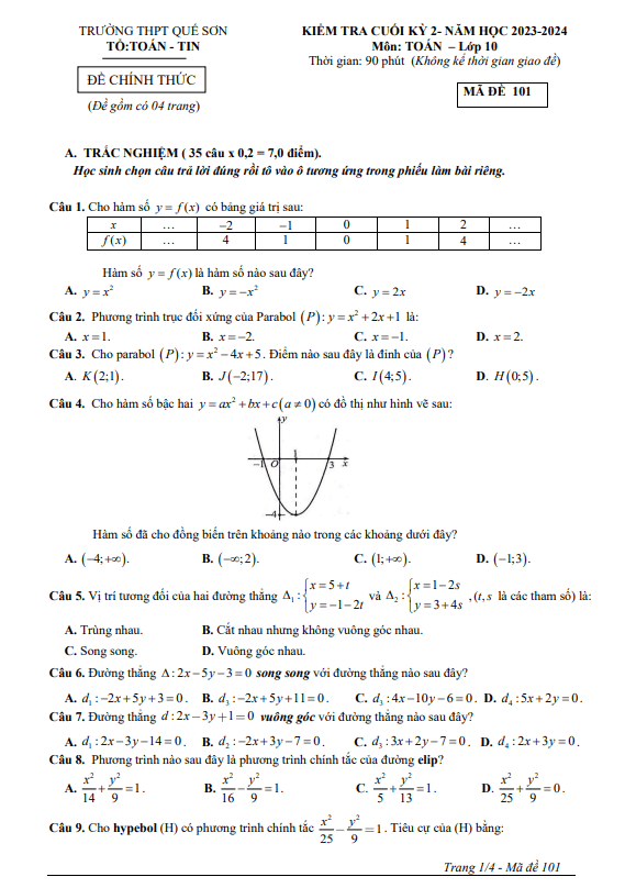 Đề cuối kỳ 2 Toán 10 năm 2023 – 2024 trường THPT Quế Sơn – Quảng Nam
