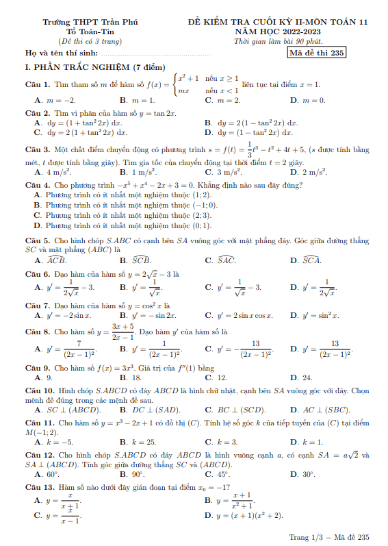 Đề cuối kỳ 2 Toán 11 năm 2022 – 2023 trường THPT Trần Phú – Phú Yên