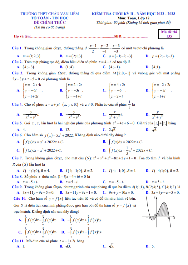 Đề cuối kỳ 2 Toán 12 năm 2022 – 2023 trường THPT Châu Văn Liêm – Cần Thơ
