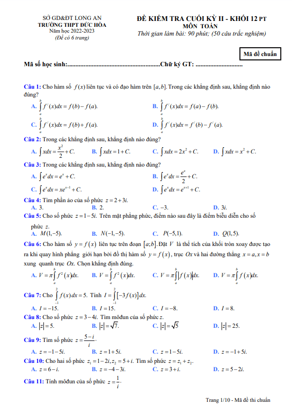 Đề cuối kỳ 2 Toán 12 năm 2022 – 2023 trường THPT Đức Hòa – Long An
