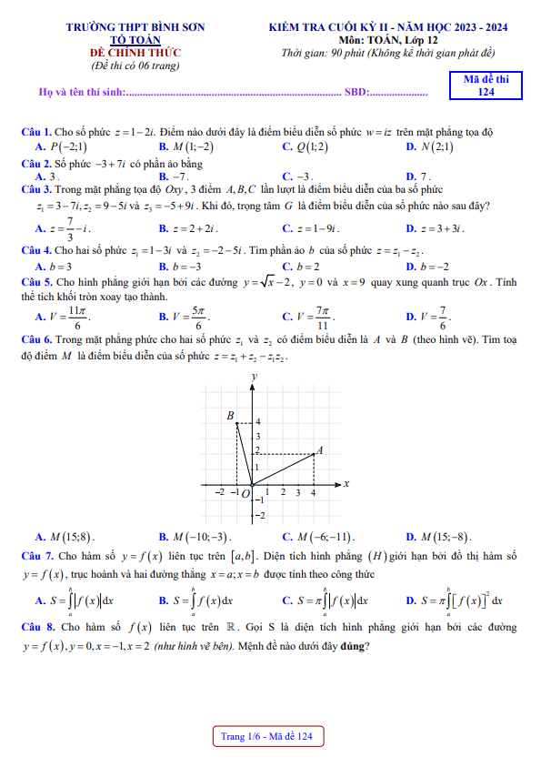 Đề cuối kỳ 2 Toán 12 năm 2023 – 2024 trường THPT Bình Sơn – Quảng Ngãi