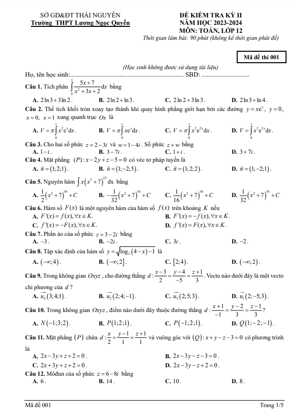 Đề cuối kỳ 2 Toán 12 năm 2023 – 2024 trường THPT Lương Ngọc Quyến – Thái Nguyên