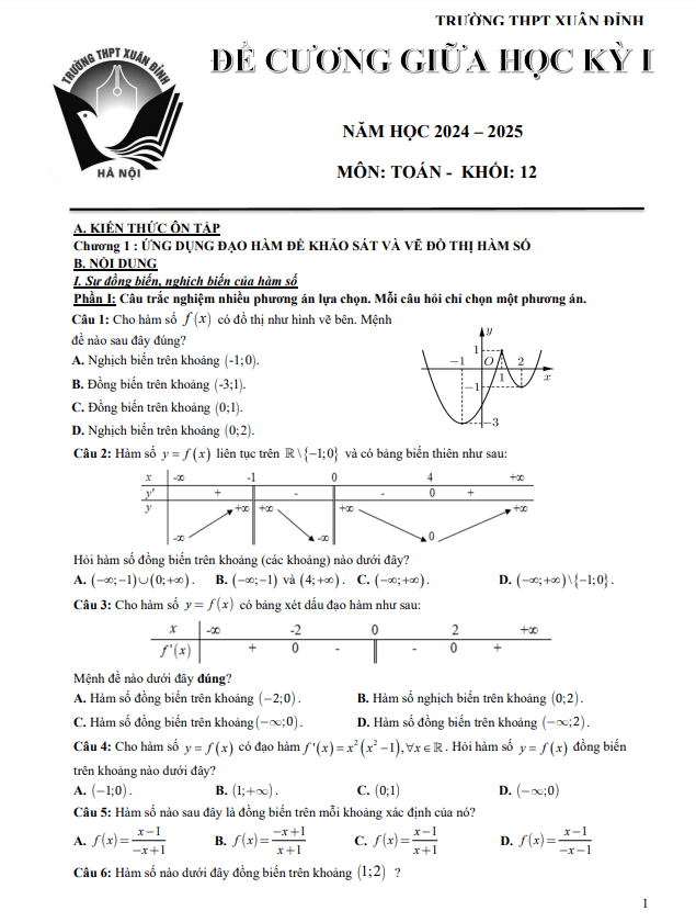 Đề cương giữa học kỳ 1 Toán 12 năm 2024 – 2025 trường THPT Xuân Đỉnh – Hà Nội