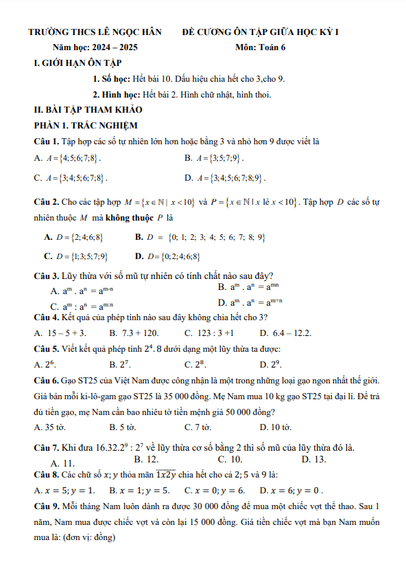 Đề cương giữa học kỳ 1 Toán 6 năm 2024 – 2025 trường THCS Lê Ngọc Hân – Hà Nội