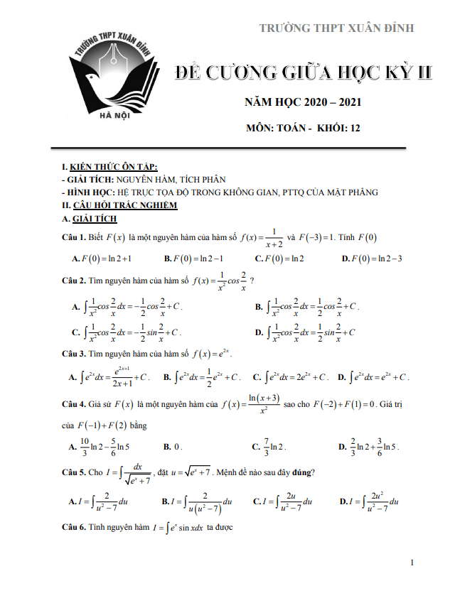 Đề cương giữa học kỳ 2 Toán 12 năm 2020 – 2021 trường THPT Xuân Đỉnh – Hà Nội