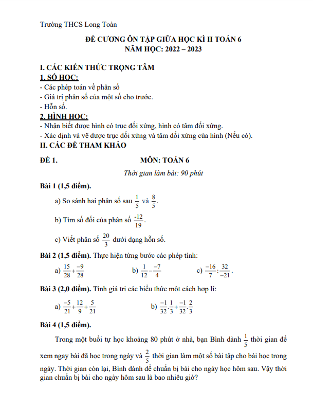 Đề cương giữa kì 2 Toán 6 năm 2022 – 2023 trường THCS Long Toàn – BR VT