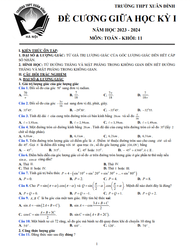Đề cương giữa kỳ 1 Toán 11 năm 2023 – 2024 trường THPT Xuân Đỉnh – Hà Nội