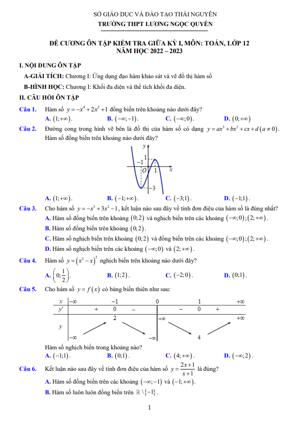 Đề cương giữa kỳ 1 Toán 12 năm 2022 – 2023 THPT Lương Ngọc Quyến – Thái Nguyên
