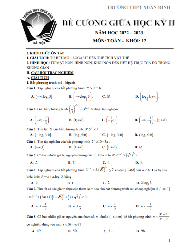 Đề cương giữa kỳ 2 Toán 12 năm 2022 – 2023 trường THPT Xuân Đỉnh – Hà Nội