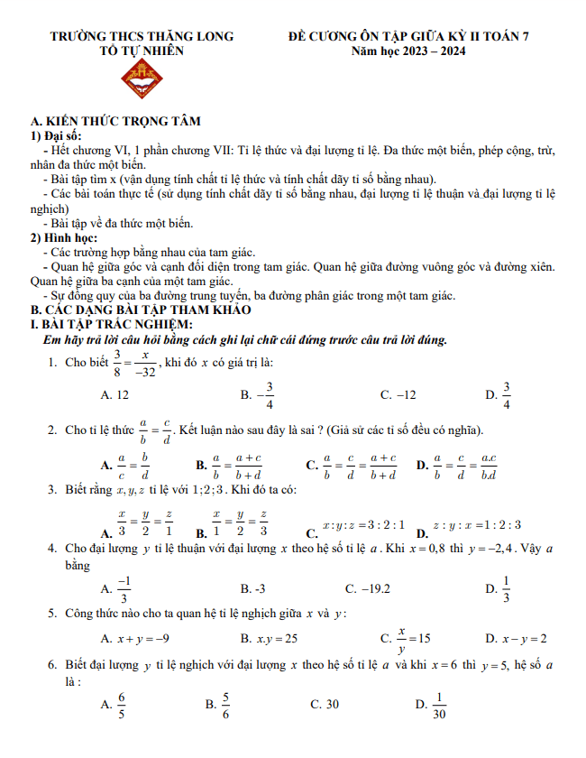 Đề cương giữa kỳ 2 Toán 7 năm 2023 – 2024 trường THCS Thăng Long – Hà Nội
