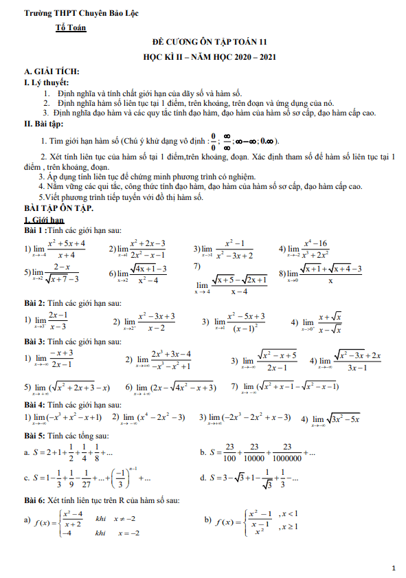 Đề cương HK2 Toán 11 năm 2020 – 2021 trường chuyên Bảo Lộc – Lâm Đồng