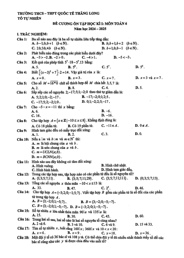 Đề cương học kì 1 Toán 6 năm 2024 – 2025 trường Quốc tế Thăng Long – Hà Nội