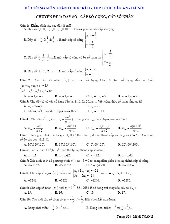 Đề cương học kì 2 Toán 11 năm 2018 – 2019 trường Chu Văn An – Hà Nội