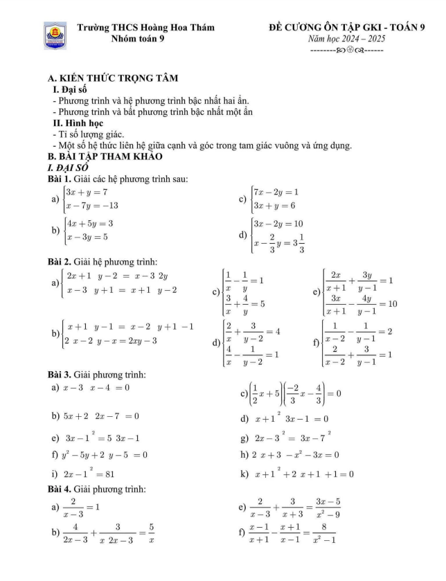 Đề cương ôn tập GK1 Toán 9 năm 2024 – 2025 trường THCS Hoàng Hoa Thám – Hà Nội