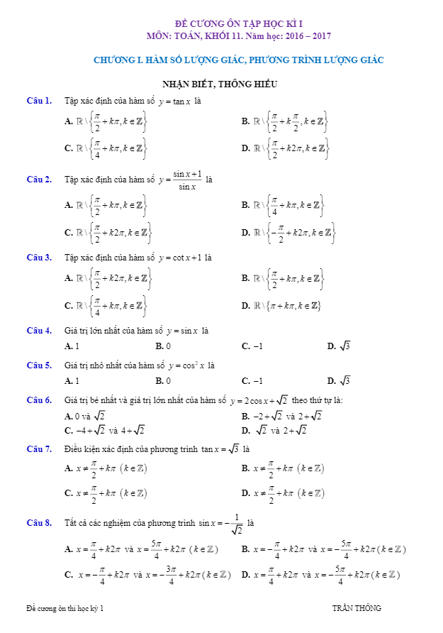 Đề cương ôn tập HKI Toán 11 – Trần Thông
