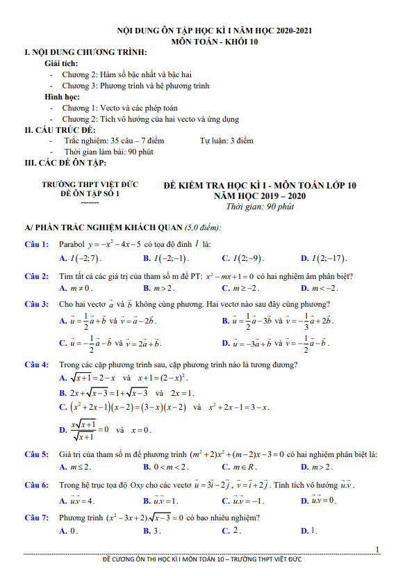 Đề cương ôn thi học kì 1 Toán 10 năm 2020 – 2021 trường THPT Việt Đức – Hà Nội