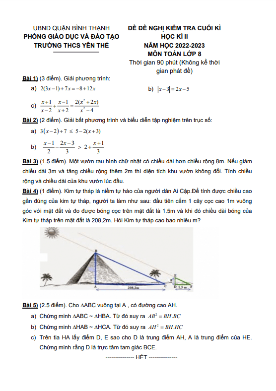 Đề đề nghị cuối kì 2 Toán 8 năm 2022 – 2023 trường THCS Yên Thế – TP HCM