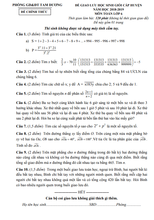 Đề giao lưu HSG Toán 6 năm 2018 – 2019 phòng GD&ĐT Tam Dương – Vĩnh Phúc