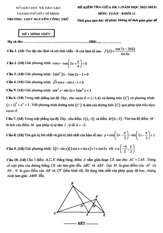 Đề giữa HK1 Toán 11 năm 2022 – 2023 trường THPT Nguyễn Công Trứ – TP HCM
