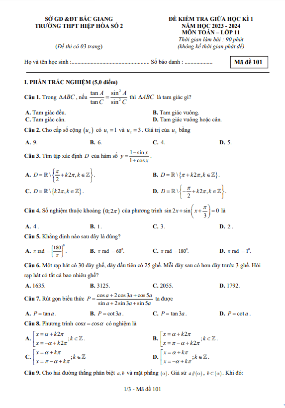 Đề giữa học kì 1 Toán 11 năm 2023 – 2024 trường THPT Hiệp Hòa 2 – Bắc Giang