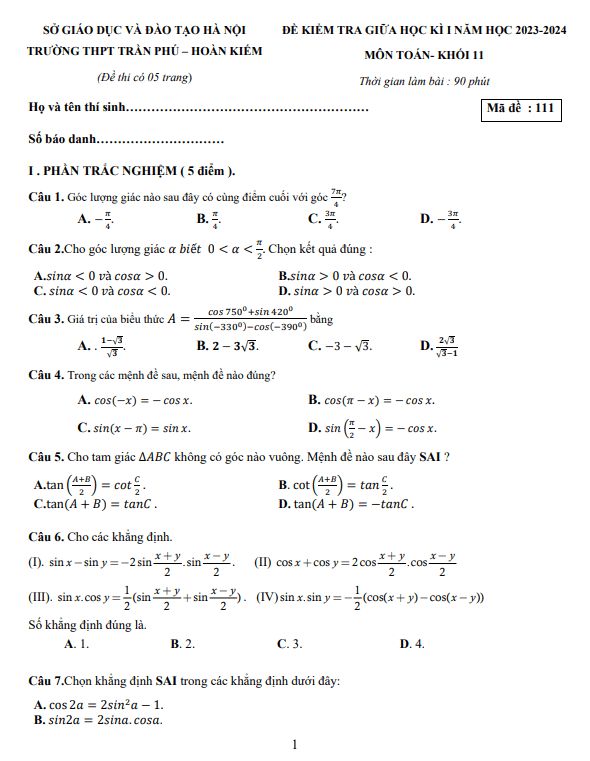Đề giữa học kì 1 Toán 11 năm 2023 – 2024 trường THPT Trần Phú – Hà Nội