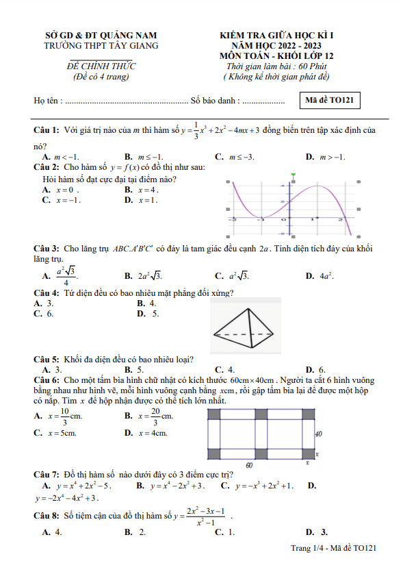 Đề giữa học kì 1 Toán 12 năm 2022 – 2023 trường THPT Tây Giang – Quảng Nam