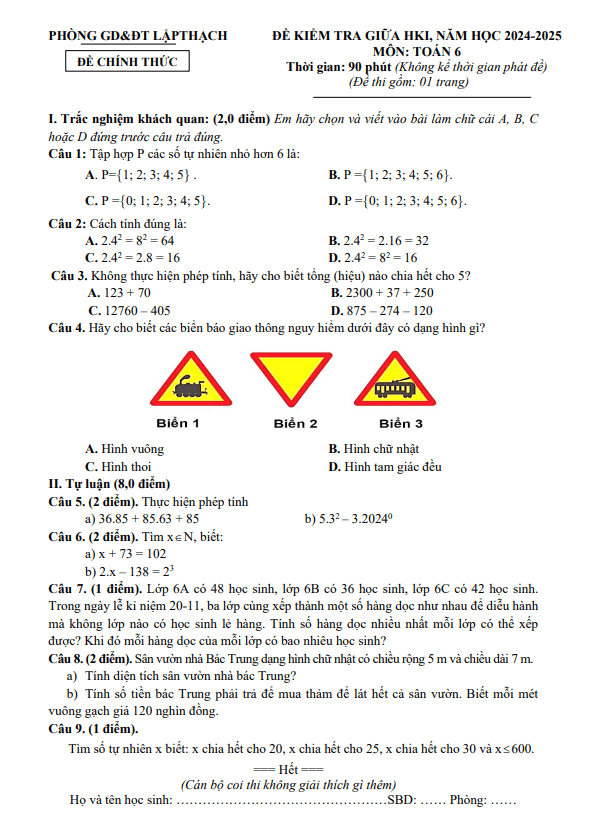Đề giữa học kì 1 Toán 6 năm 2024 – 2025 phòng GD&ĐT Lập Thạch – Vĩnh Phúc
