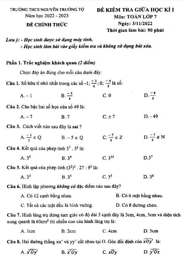 Đề giữa học kì 1 Toán 7 năm 2022 – 2023 trường THCS Nguyễn Trường Tộ – Hà Nội