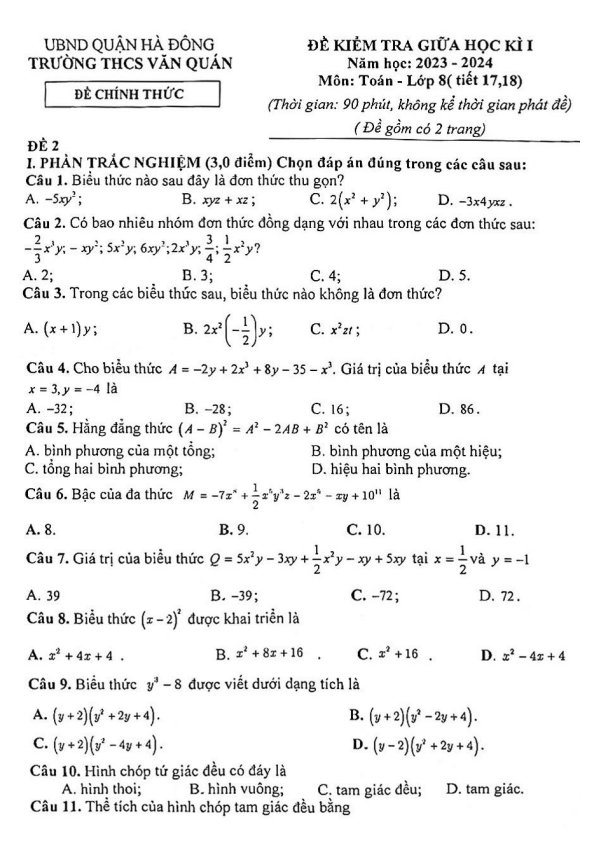 Đề giữa học kì 1 Toán 8 năm 2023 – 2024 trường THCS Văn Quán – Hà Nội