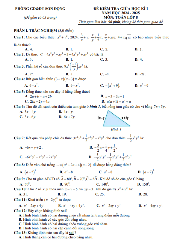Đề giữa học kì 1 Toán 8 năm 2024 – 2025 phòng GD&ĐT Sơn Động – Bắc Giang