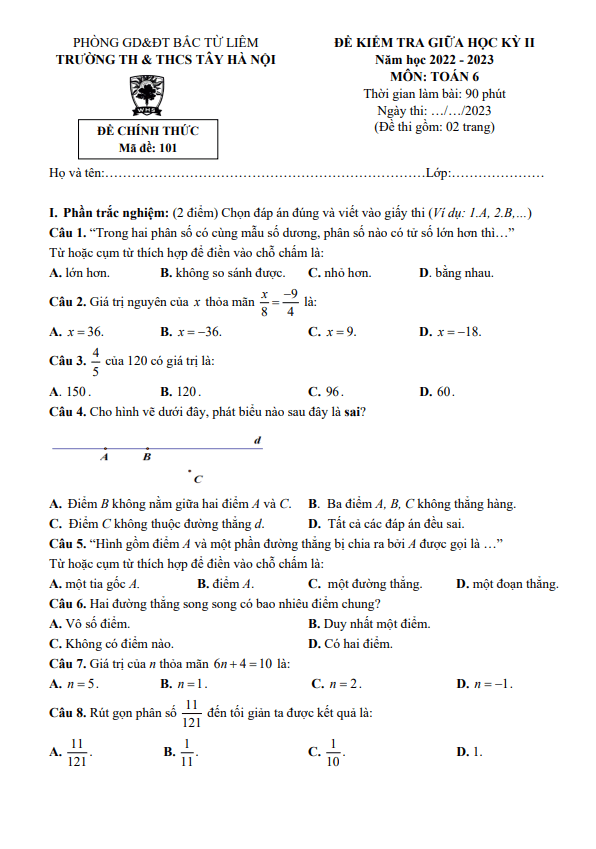Đề giữa học kì 2 Toán 6 năm 2022 – 2023 trường TH & THCS Tây Hà Nội