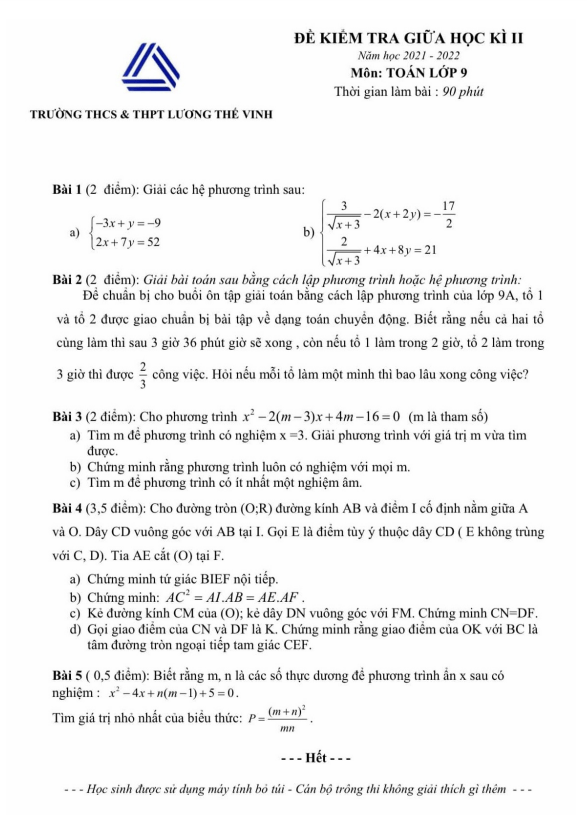 Đề giữa học kì 2 Toán 9 năm 2021 – 2022 trường Lương Thế Vinh – Hà Nội