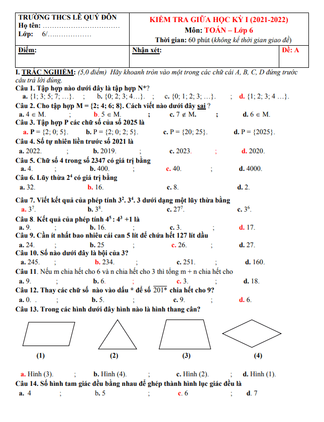 Đề giữa học kỳ 1 Toán 6 năm 2021 – 2022 trường THCS Lê Quý Đôn – Quảng Nam