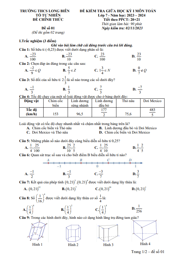 Đề giữa học kỳ 1 Toán 7 năm 2023 – 2024 trường THCS Long Biên – Hà Nội