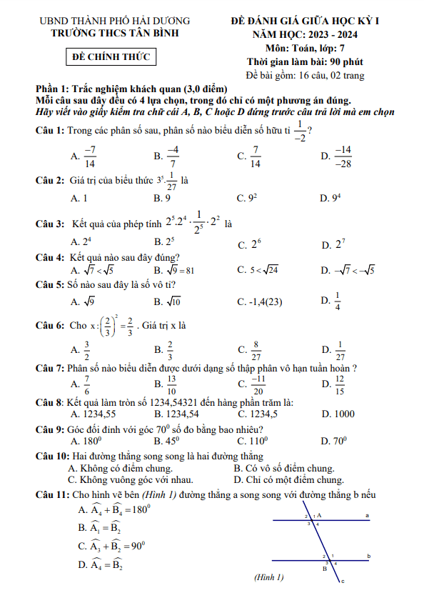 Đề giữa học kỳ 1 Toán 7 năm 2023 – 2024 trường THCS Tân Bình – Hải Dương