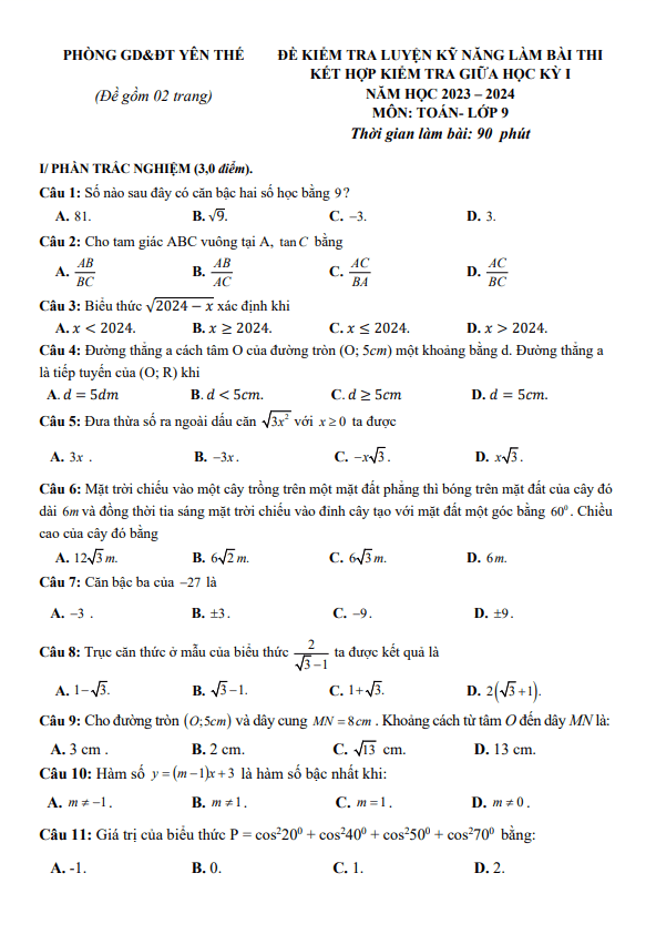Đề giữa học kỳ 1 Toán 9 năm 2023 – 2024 phòng GD&ĐT Yên Thế – Bắc Giang