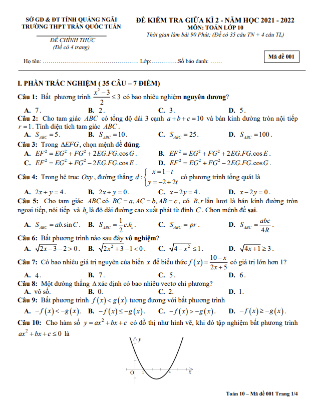Đề giữa học kỳ 2 Toán 10 năm 2021 – 2022 trường THPT Trần Quốc Tuấn – Quảng Ngãi