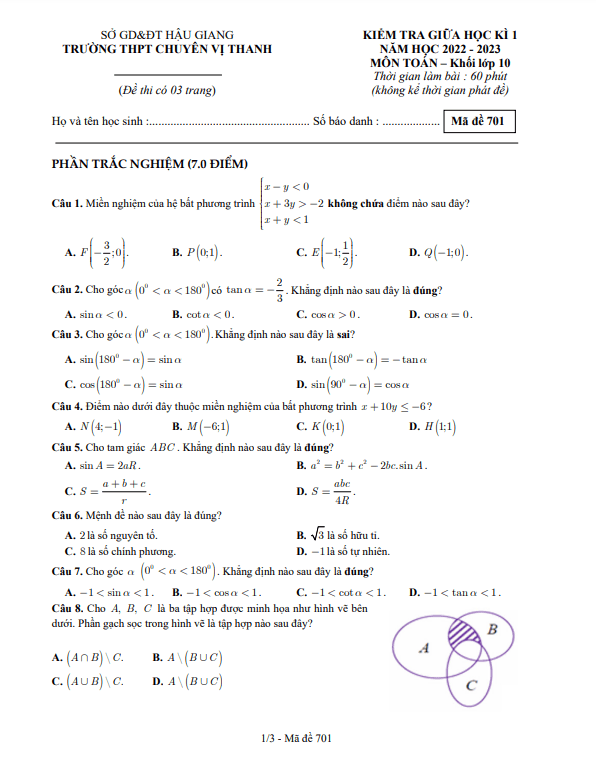 Đề giữa kì 1 Toán 10 năm 2022 – 2023 trường chuyên Vị Thanh – Hậu Giang