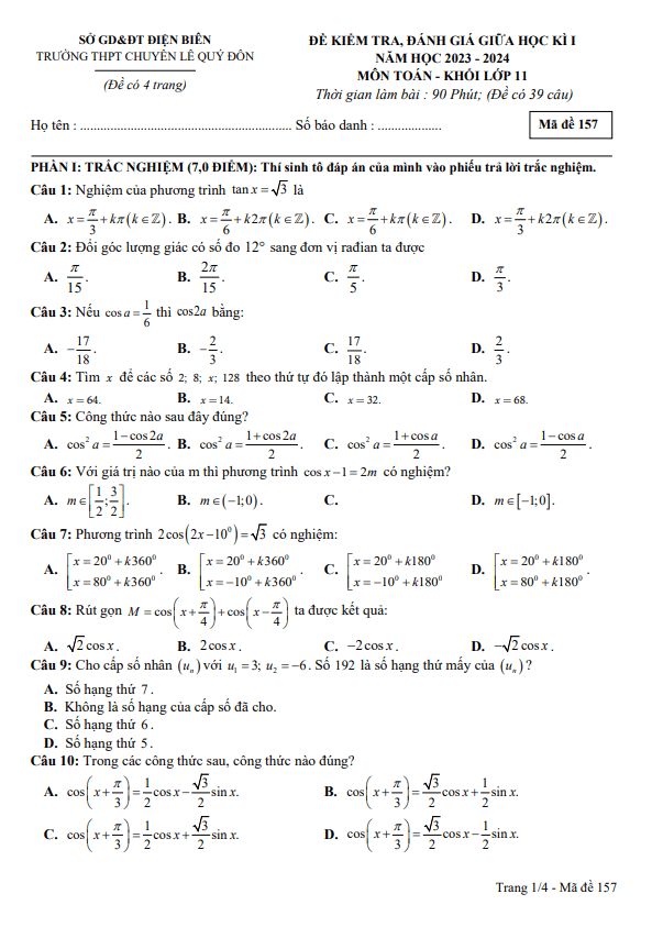 Đề giữa kì 1 Toán 11 CB năm 2023 – 2024 trường chuyên Lê Quý Đôn – Điện Biên