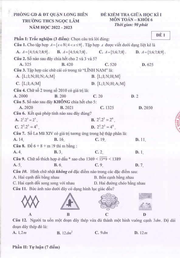 Đề giữa kì 1 Toán 6 năm 2022 – 2023 trường THCS Ngọc Lâm – Hà Nội