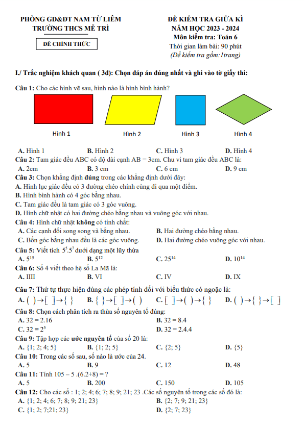 Đề giữa kì 1 Toán 6 năm 2023 – 2024 trường THCS Mễ Trì – Hà Nội