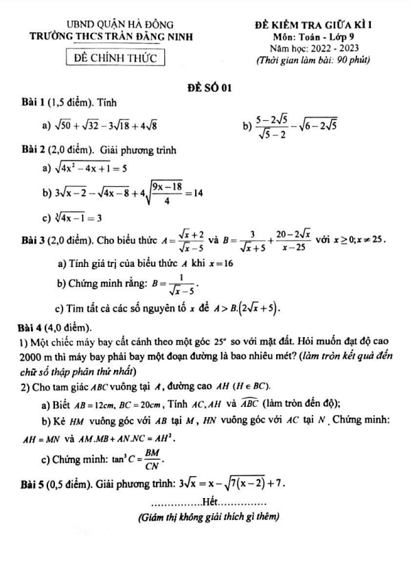 Đề giữa kì 1 Toán 9 năm 2022 – 2023 trường THCS Trần Đăng Ninh – Hà Nội