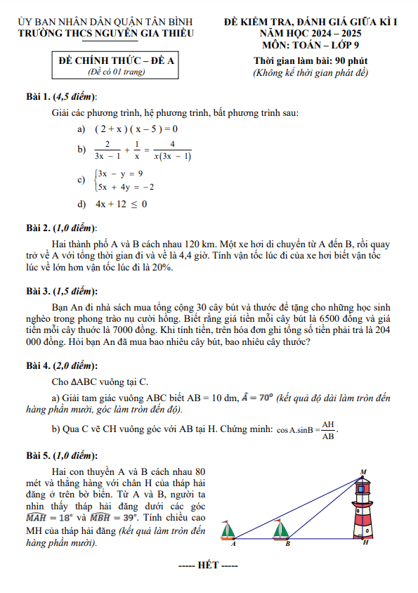 Đề giữa kì 1 Toán 9 năm 2024 – 2025 trường THCS Nguyễn Gia Thiều – TP HCM