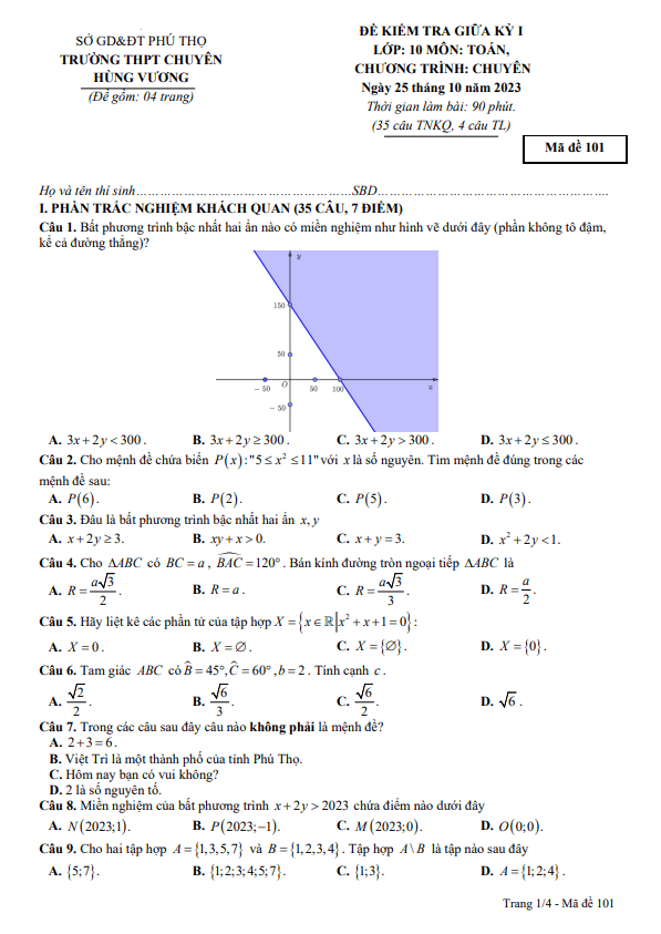 Đề giữa kỳ 1 Toán 10 chuyên năm 2023 – 2024 trường chuyên Hùng Vương – Phú Thọ