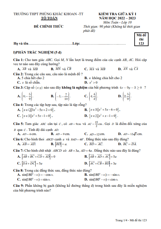 Đề giữa kỳ 1 Toán 10 năm 2022 – 2023 trường THPT Phùng Khắc Khoan – Hà Nội